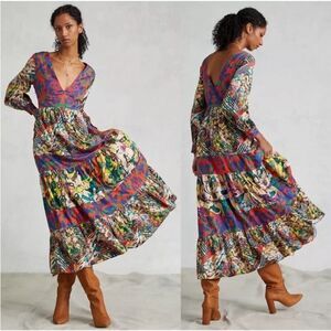 Anthropologie Roopa Pemmaraju Maxi Dress Medium Boho Floral Patchwork V neck